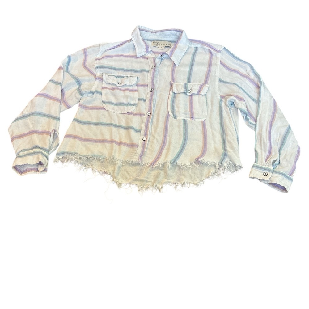 Vintage Havana Striped Button Down Cropped Raw Hem Women's Size S